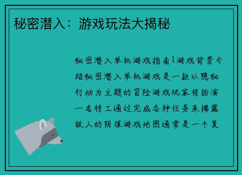 秘密潜入：游戏玩法大揭秘